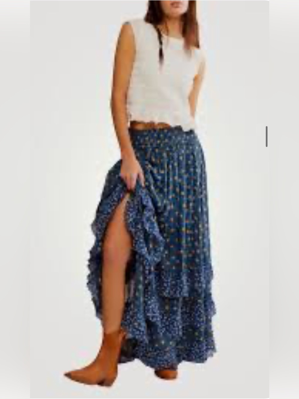 Free People Brynn Printed Maxi Skirt Smocked Tiered Ruffle Mid
Rise.